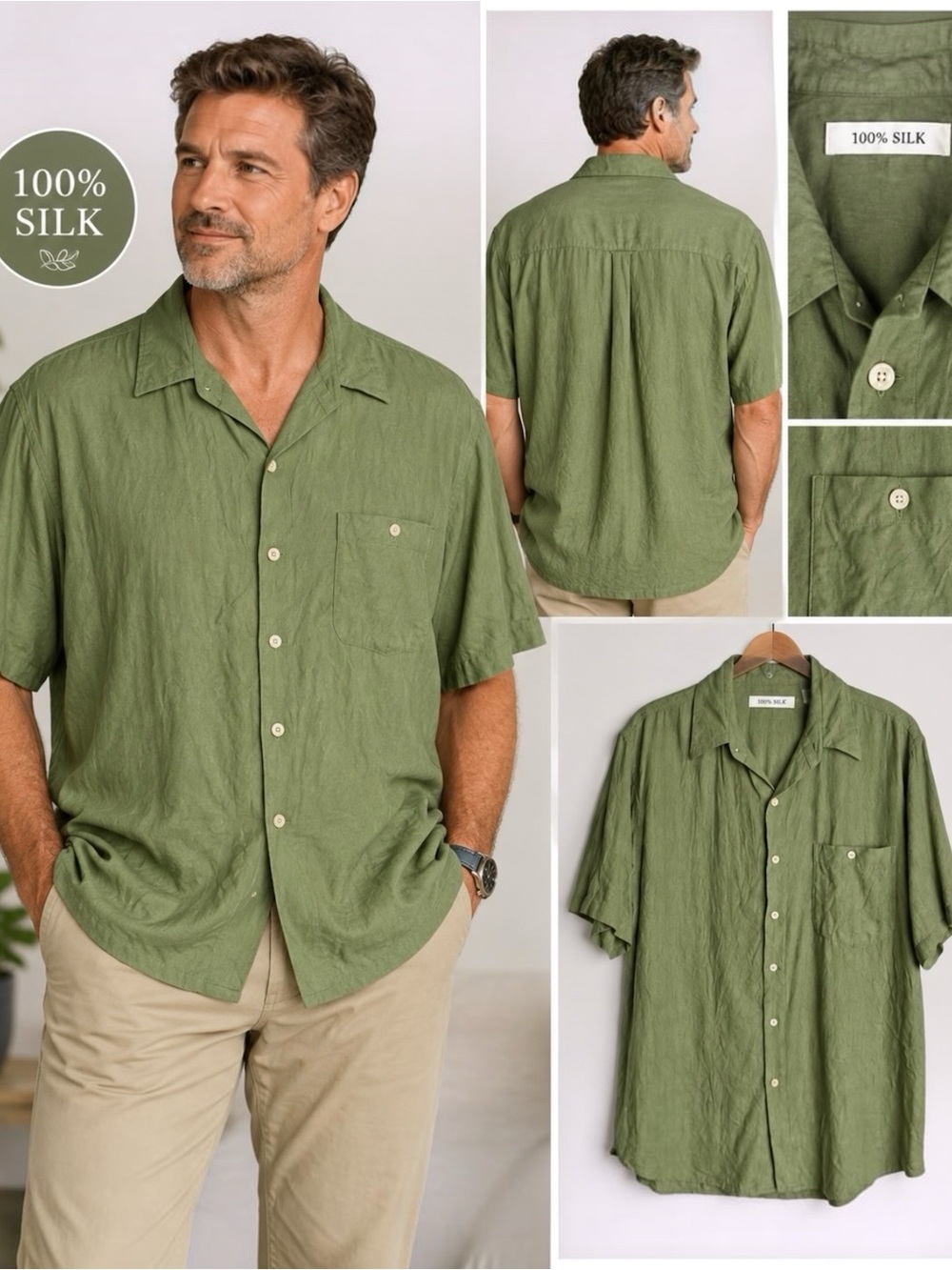 SUMMA 100% Silk Olive Green Button Front Camp Shirt Men’s Medium